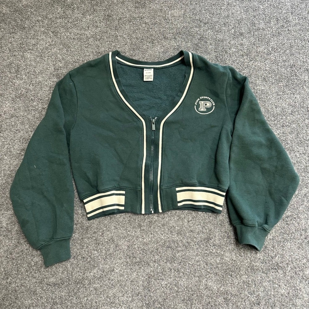 PINK Sweatshirt Womens Size M Green Varsity Cropped Zip Up Fleece Logo Striped